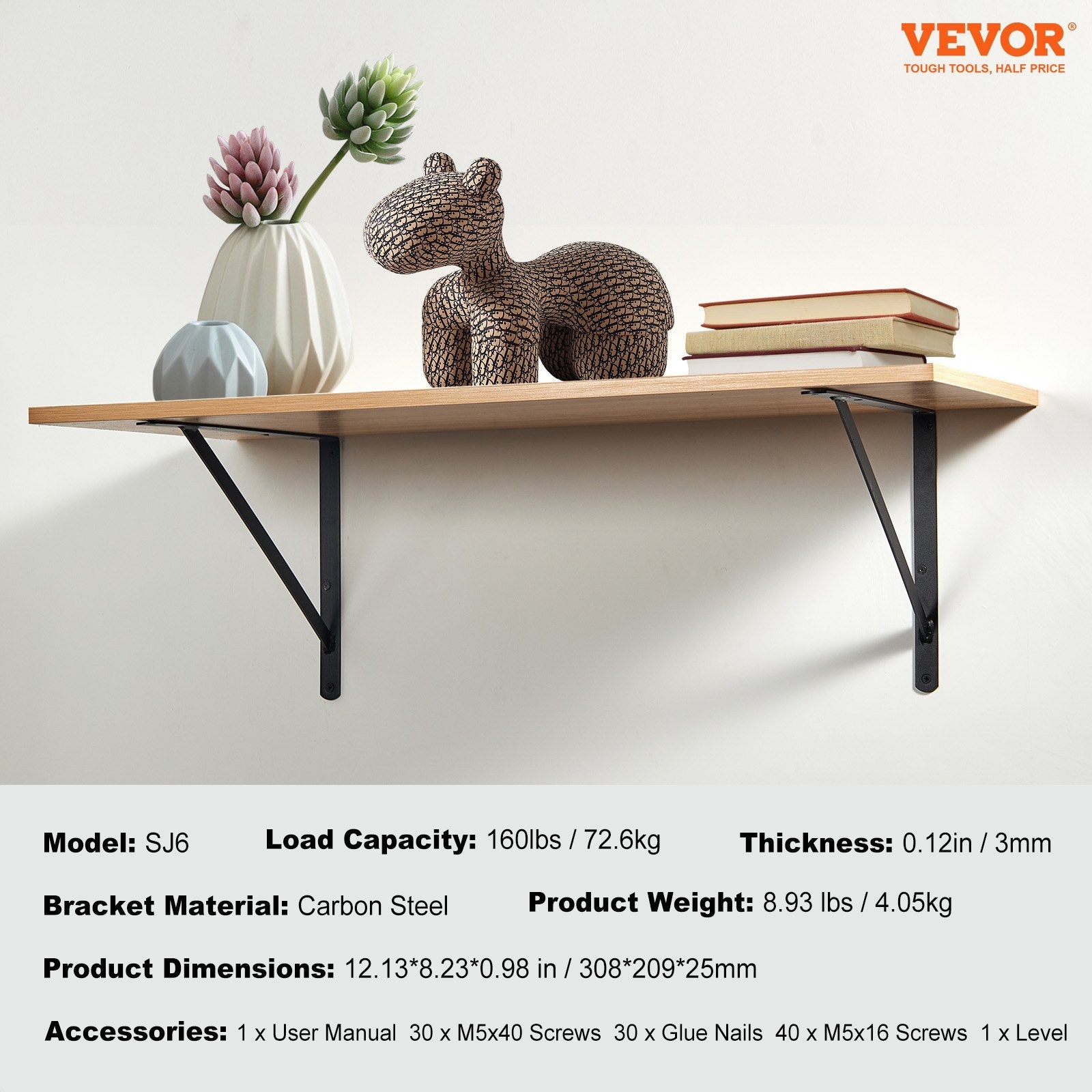 VEVOR Shelf Bracket, 12 x 8 in 10 Pcs, Heavy Duty Floating Shelf Brackets, Brackets for Shelves, 3mm Thick Matte Black Triangle Shelf Bracket,Steel Shelving Brackets with 160 lbs Load Capacity
