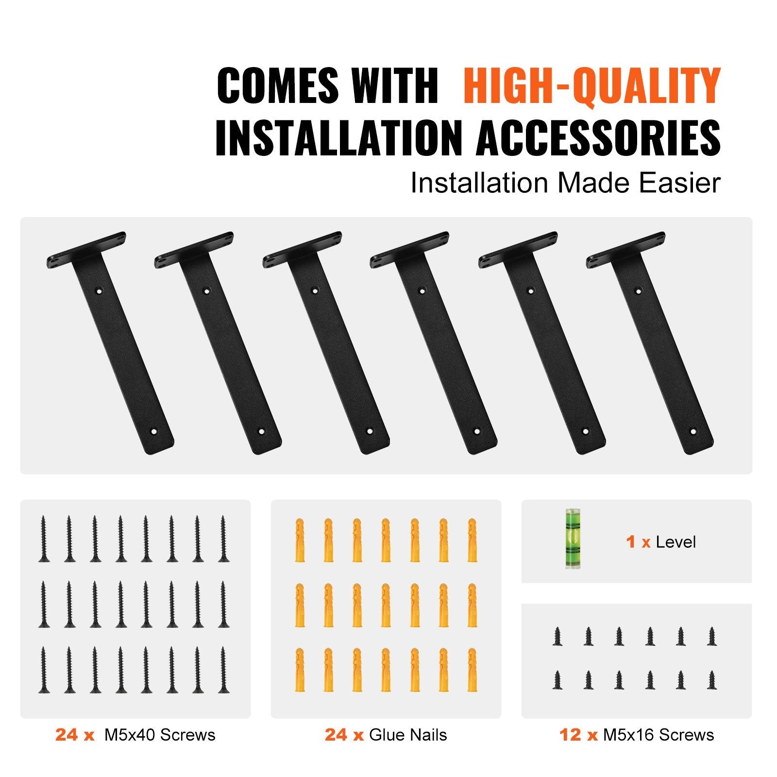 VEVOR Shelf Bracket, 8”L x 4”W x 1.6”H 6 Pcs, Heavy Duty Floating Shelf Brackets, Brackets for Shelves, 5mm Thick Matte Black L Shelf Bracket,Steel Shelving Brackets with 160 lbs Load Capacity