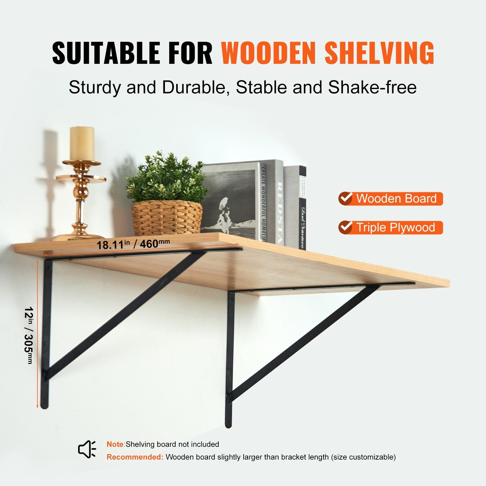 VEVOR Shelf Bracket, 18 x 12 in 12 Pcs, Heavy Duty Floating Shelf Brackets, Brackets for Shelves, 3mm Thick Matte Black Triangle Shelf Bracket,Steel Shelving Brackets with 160 lbs Load Capacity