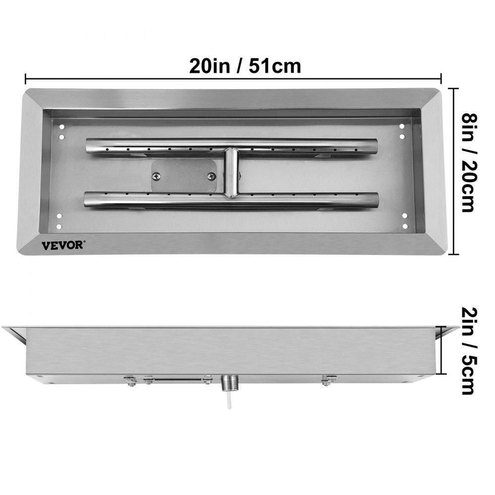 VEVOR Fire Pit Pan Stainless Steel Rectangular Fire Pit Pan and Burner 20x8 inch, Built-in Fire Pit Pan Both for Propane Gas & Natural Gas Suitable for Indoor & Outdoor Use