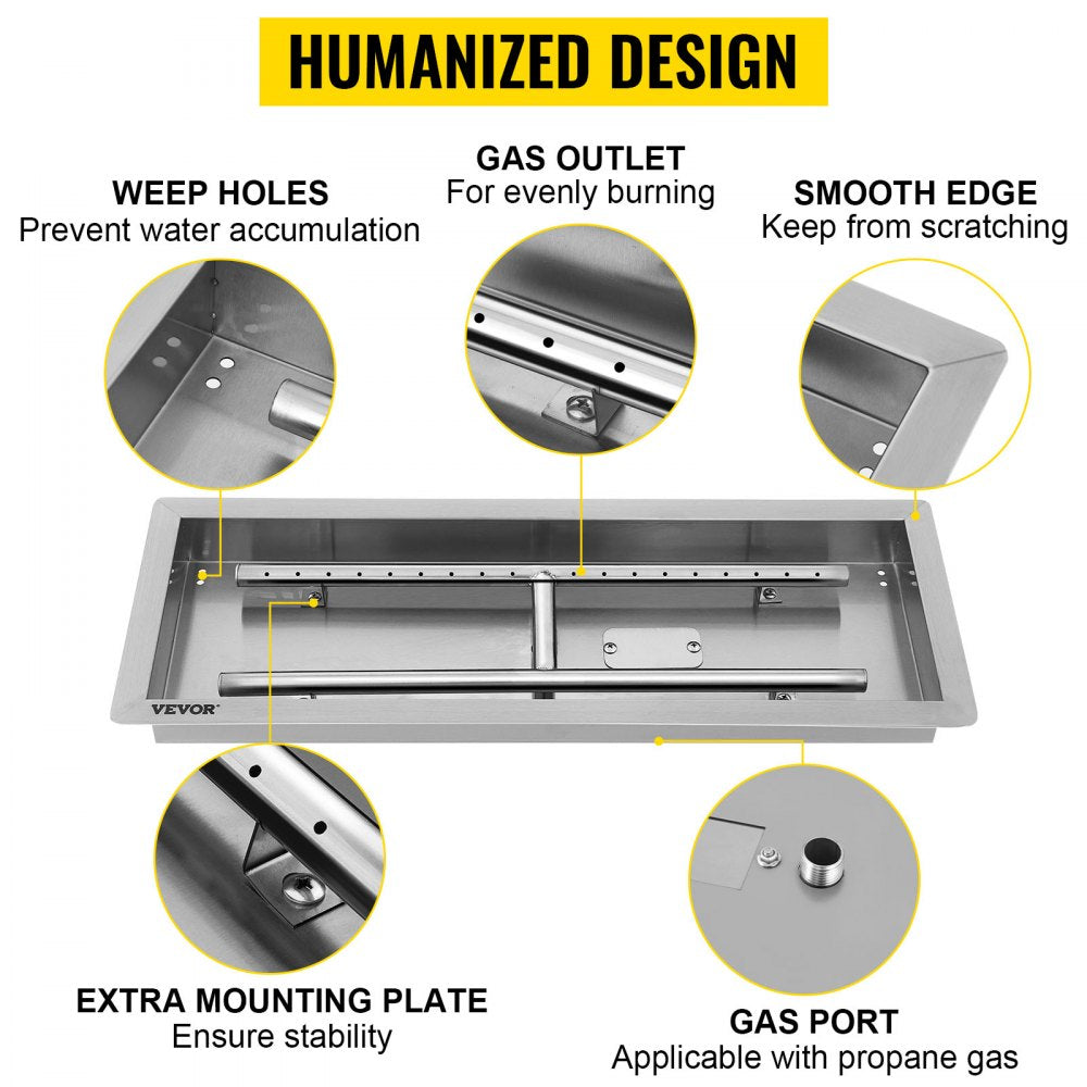 VEVOR 25.5x10 inch Fire Pit Pan Stainless Steel Rectangular Fire Pit Pan and Burner, 201 Series SS 90000 BTU Max, Built-in Fire Pit Pan Both for Propane Gas & Natural Gas Suitable for Indoor & Outdoor Use