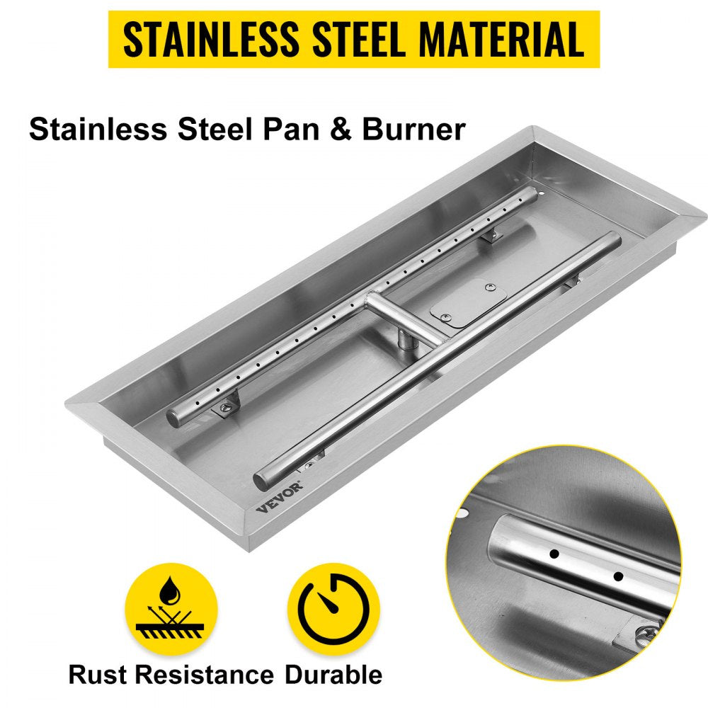 VEVOR 25.5x10 inch Fire Pit Pan Stainless Steel Rectangular Fire Pit Pan and Burner, 201 Series SS 90000 BTU Max, Built-in Fire Pit Pan Both for Propane Gas & Natural Gas Suitable for Indoor & Outdoor Use