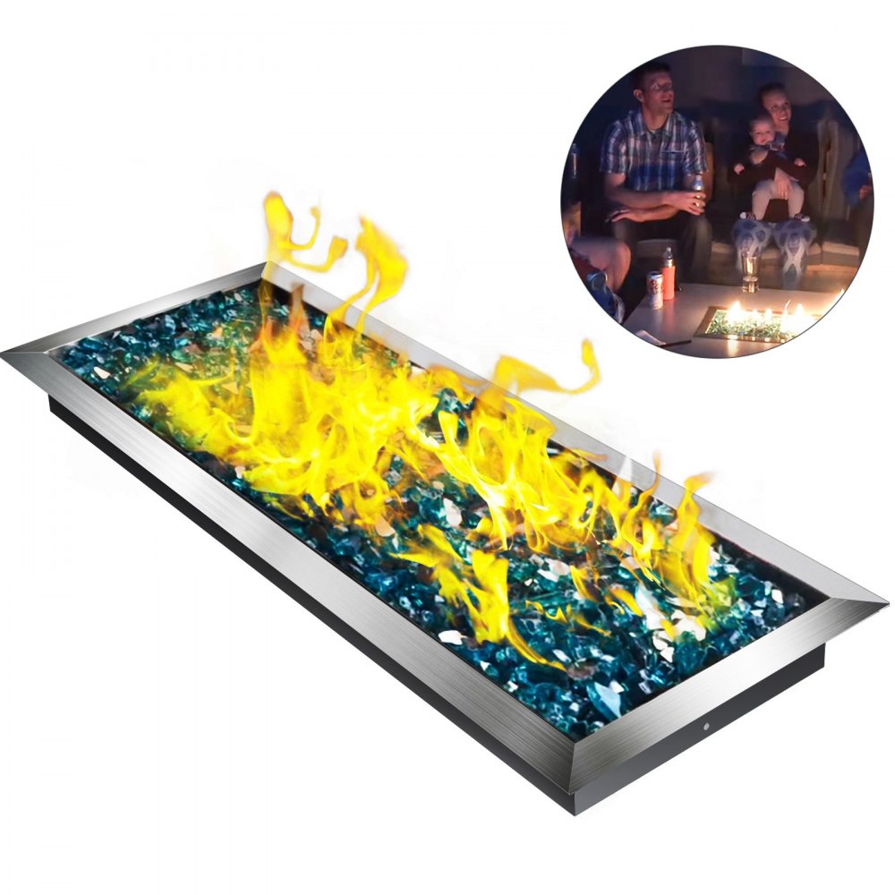 VEVOR 25.5x10 inch Fire Pit Pan Stainless Steel Rectangular Fire Pit Pan and Burner, 201 Series SS 90000 BTU Max, Built-in Fire Pit Pan Both for Propane Gas & Natural Gas Suitable for Indoor & Outdoor Use