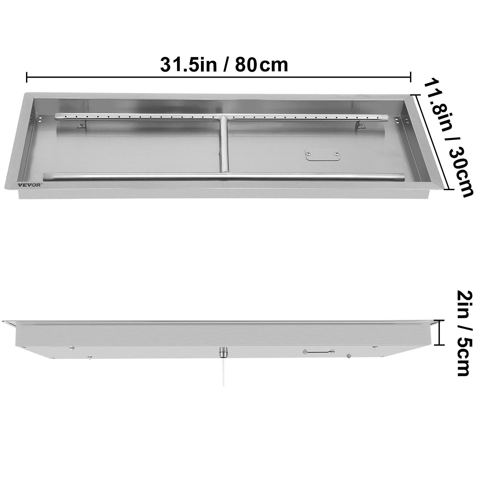 VEVOR Fire Pit Pan 31.5x12 Inch, Stainless Steel Rectangular Fire Pit Pan and Burner, Built-in Fire Pit Pan with H-Burner, 90K BTU