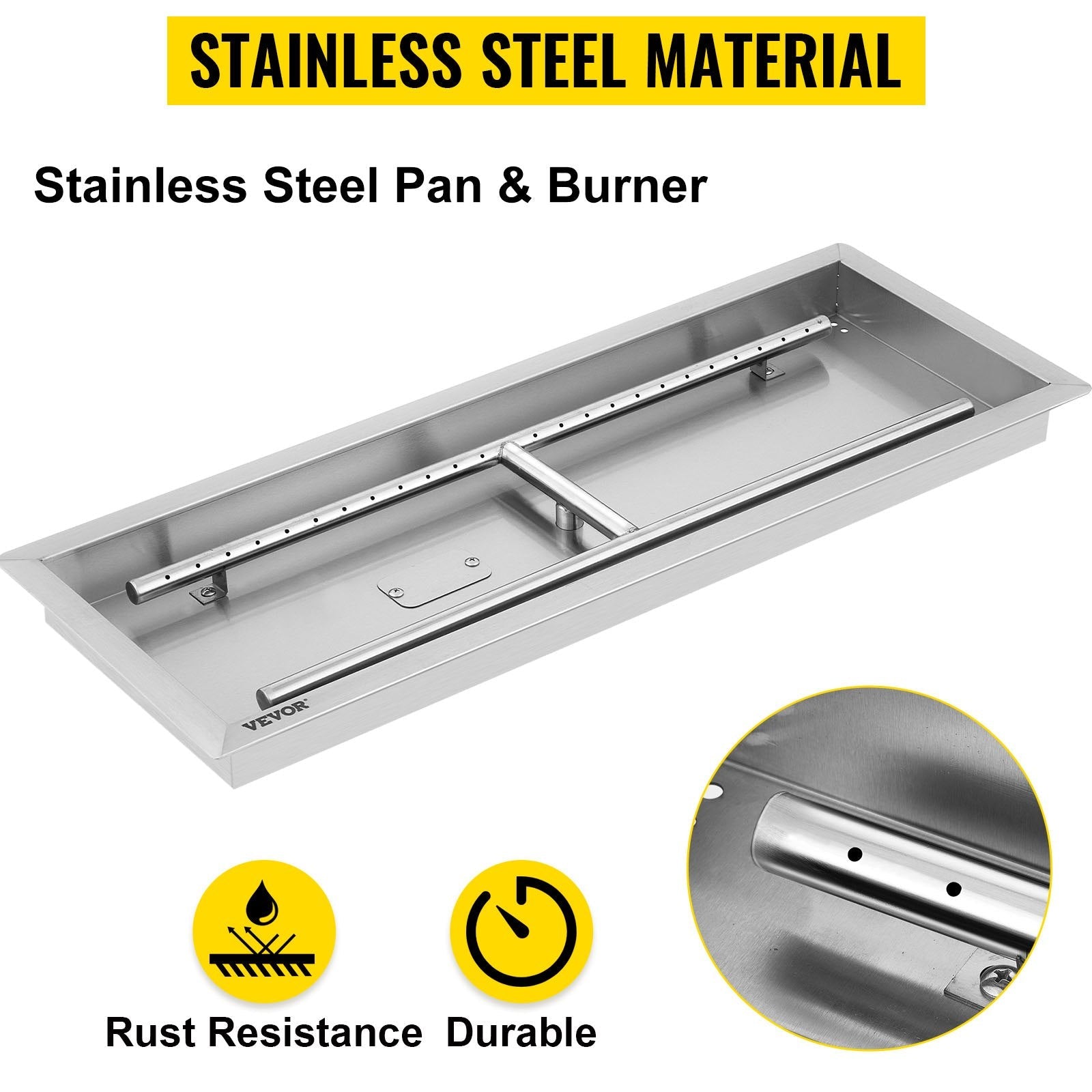 VEVOR Fire Pit Pan Stainless Steel Rectangular Fire Pit Pan and Burner 37.5x14 Inch, Built-in Fire Pit Pan Both for Propane Gas & Natural Gas Suitable for Indoor & Outdoor Use, 150K BTU