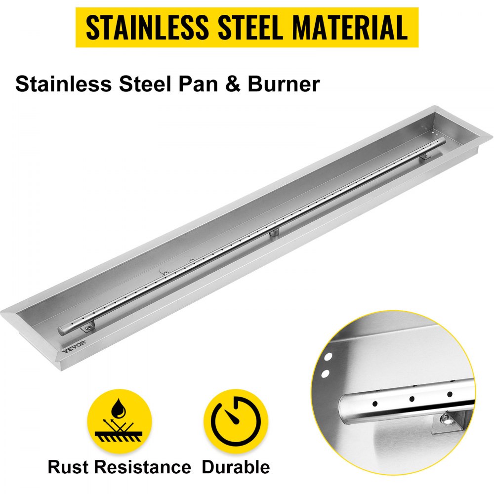 VEVOR Fire Pit Pan 49x8 Inch, Stainless Steel Linear Trough Fire Pit Pan and Burner, Built-in Fire Pit Burner Pan, 90K BTU