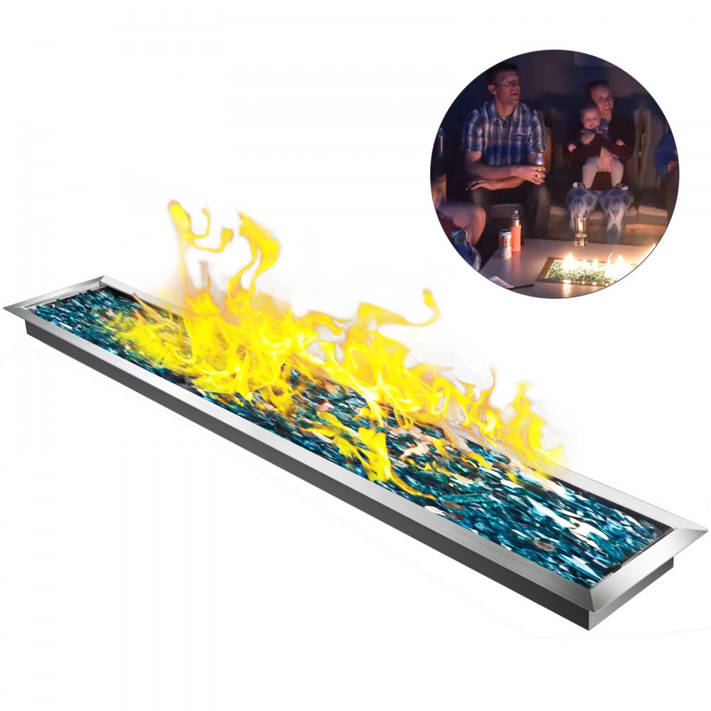VEVOR Fire Pit Pan 49x8 Inch, Stainless Steel Linear Trough Fire Pit Pan and Burner, Built-in Fire Pit Burner Pan, 90K BTU
