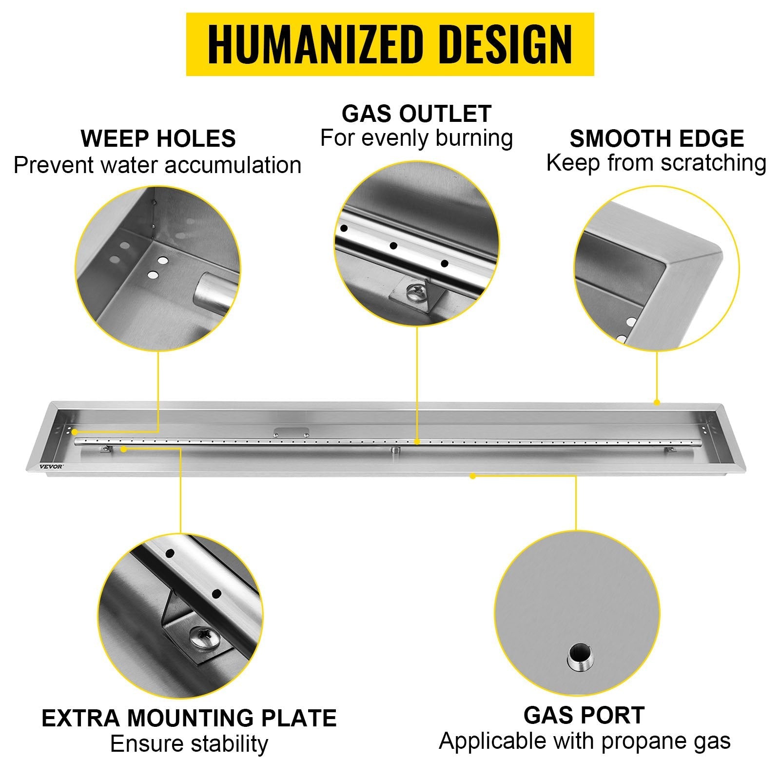 VEVOR Fire Pit Pan 61x8 Inch, Stainless Steel Linear Trough Fire Pit Pan and Burner, Built-in Fire Pit Burner Pan, 110K BTU