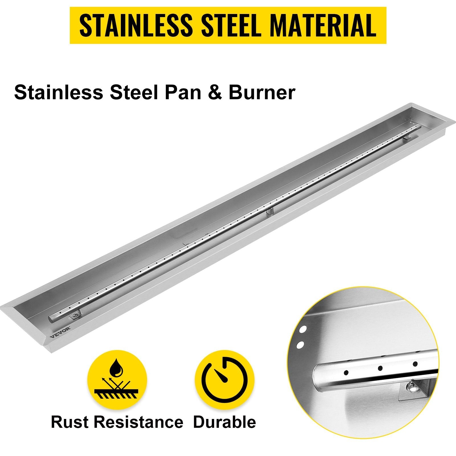 VEVOR Fire Pit Pan 61x8 Inch, Stainless Steel Linear Trough Fire Pit Pan and Burner, Built-in Fire Pit Burner Pan, 110K BTU
