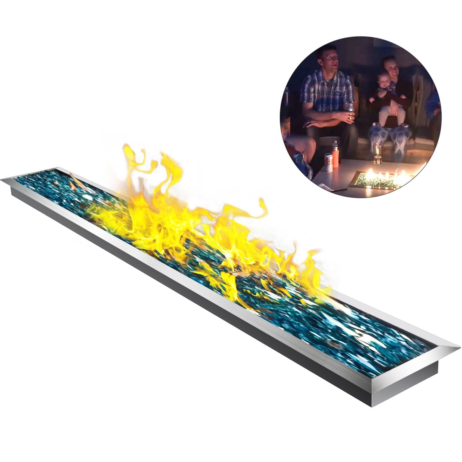 VEVOR Fire Pit Pan 61x8 Inch, Stainless Steel Linear Trough Fire Pit Pan and Burner, Built-in Fire Pit Burner Pan, 110K BTU