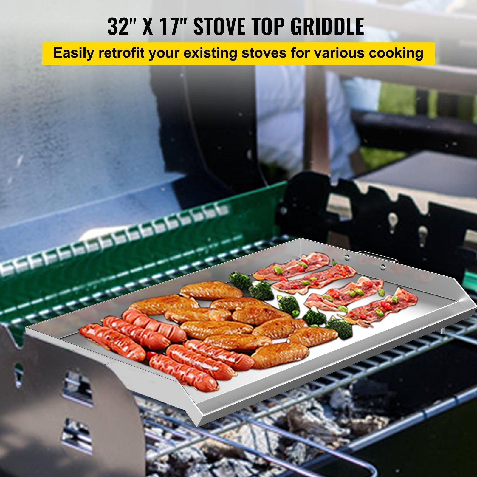 VEVOR Stainless Steel Griddle,32\" X 17\" Universal Flat Top Rectangular Plate , BBQ Charcoal/Gas Grill with 2 Handles and Grease Groove with Hole?Grills for Camping, Tailgating and Parties .