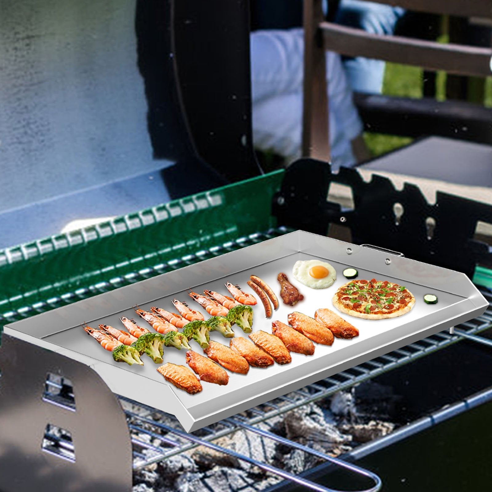 VEVOR Stainless Steel Griddle,32\" X 17\" Universal Flat Top Rectangular Plate , BBQ Charcoal/Gas Grill with 2 Handles and Grease Groove with Hole?Grills for Camping, Tailgating and Parties .