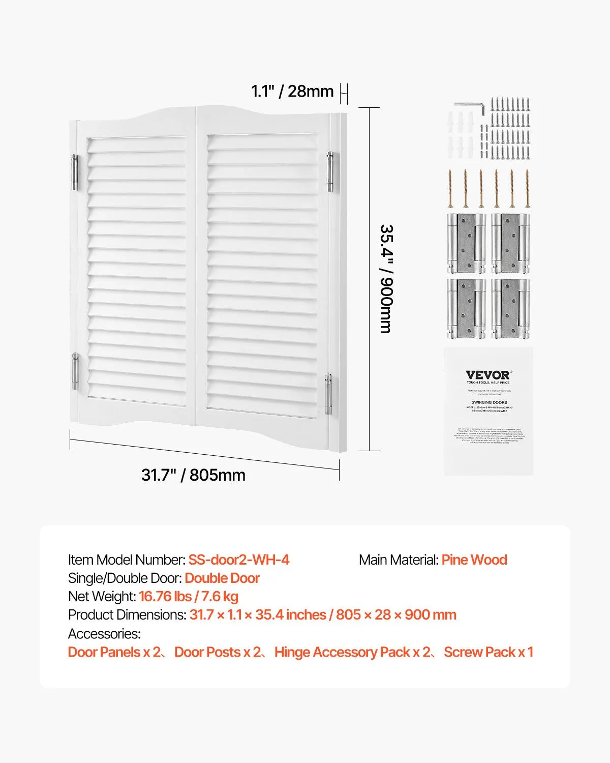 VEVOR Swinging Cafe Doors 32" x 36" Pine Wood White with Hinges & Hardware