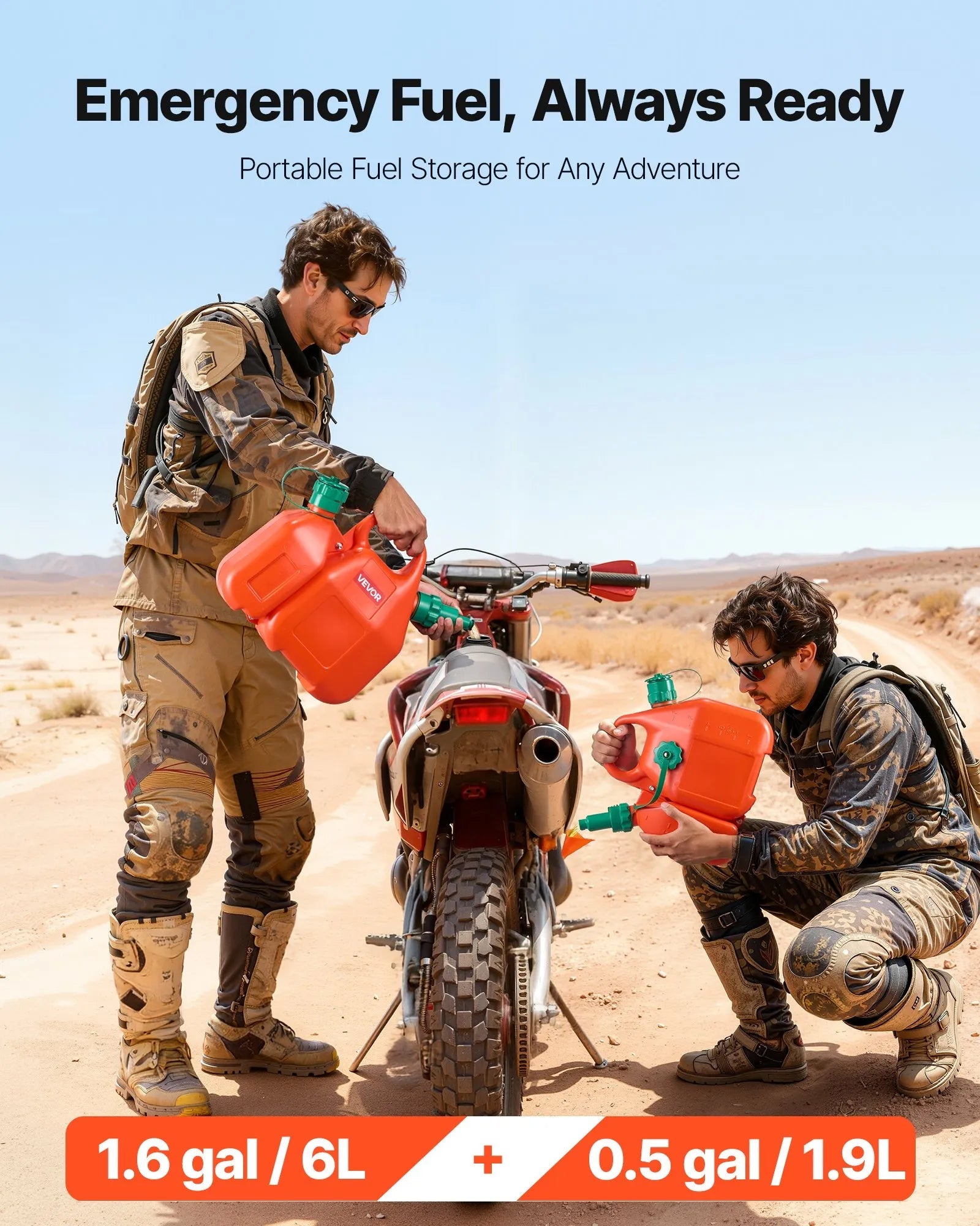 VEVOR Fuel Container, 1.6 Gallon, Fuel Tank with Spout & 0.5 Gallon Extra Oil Container, 5.5 L/min Max Flow Rate, Leak-proof and Portable Flat Fluid Container for Most Cars Motorcycle ATV UTV