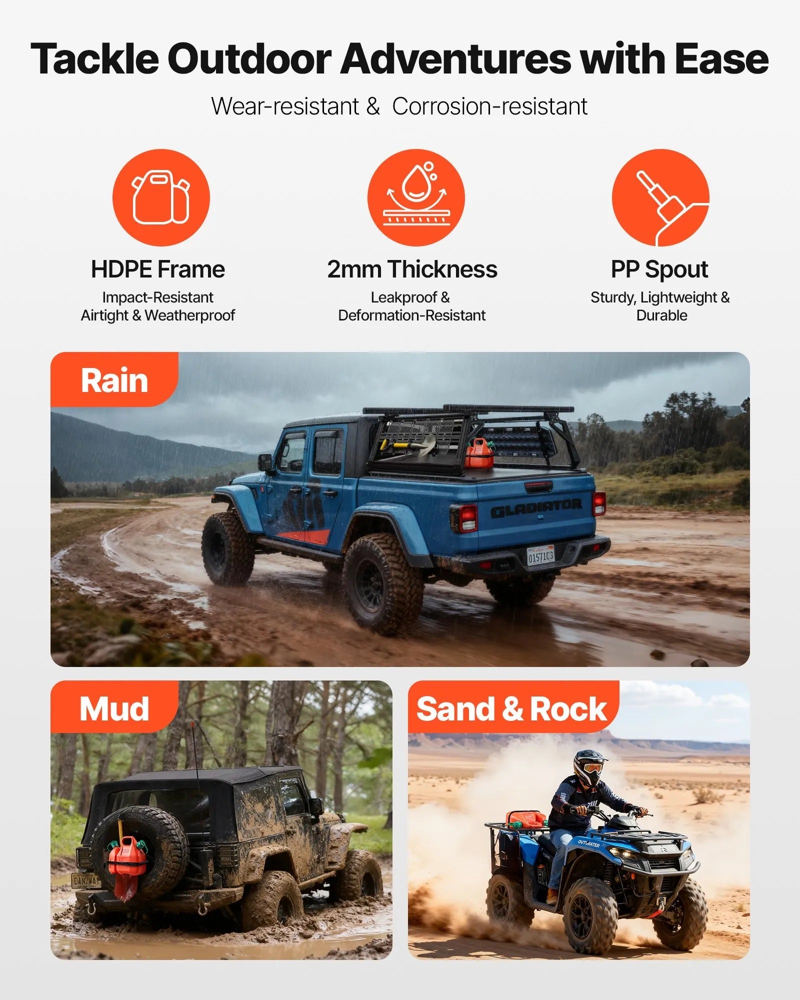 VEVOR Fuel Container, 1.6 Gallon, Fuel Tank with Spout & 0.5 Gallon Extra Oil Container, 5.5 L/min Max Flow Rate, Leak-proof and Portable Flat Fluid Container for Most Cars Motorcycle ATV UTV