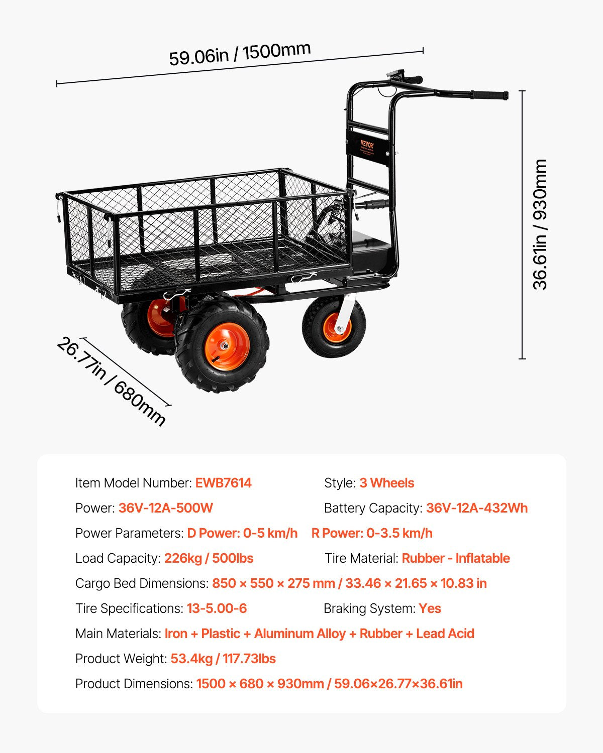 VEVOR Electric Utility Cart 500lbs Capacity Power Wagon 36V 432W Wheelbarrow