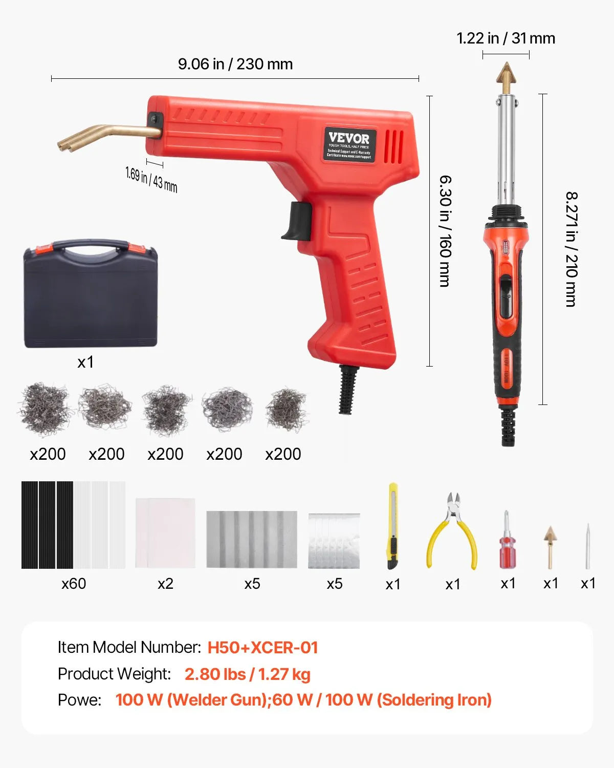 VEVOR Plastic Welder Kit 100W Plastic Welder Gun and Iron 1000 Staples&60 Rods