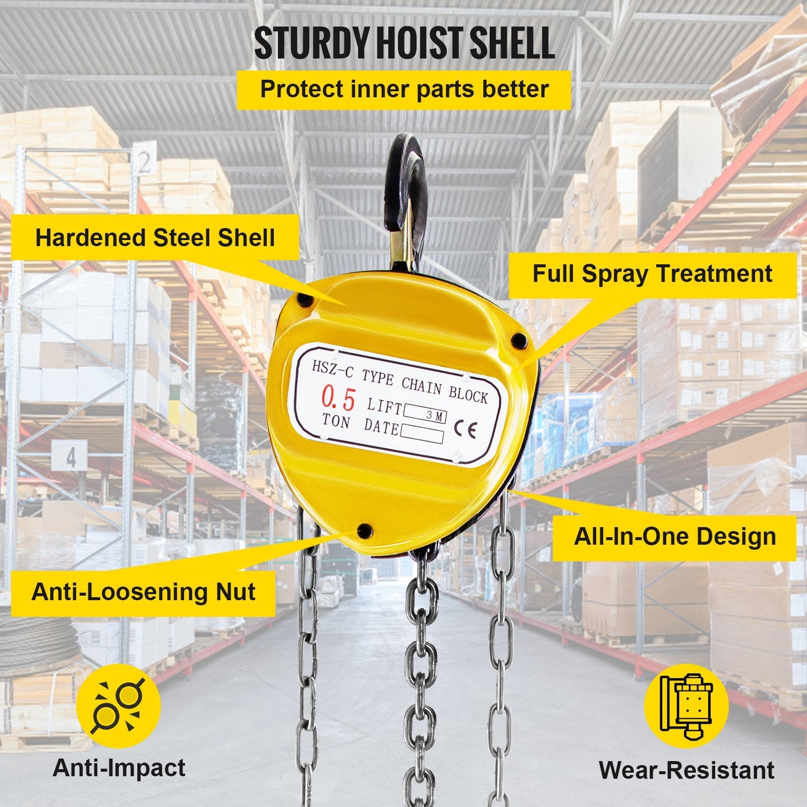 VEVOR Chain Hoist 1100lbs/0.5ton, Chain Block Hoist Manual Chain Hoist 10ft/3m Block Chain Hand Chain Lifting Hoist w/Two Hooks Chain Pulley Tackle Hoist Winch Lifting Pulling Equipment in Yellow