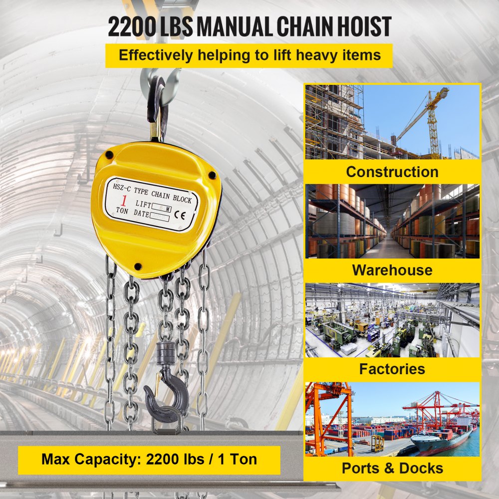 VEVOR Chain Hoist, 2200lbs/1ton Chain Block Hoist, 6m/20ft Manual Chain Hoist, Block Chain Hand Chain Lifting Hoist w/ Two Hooks Chain Pulley Tackle Hoist Winch Lifting Pulling Equipment, Yellow