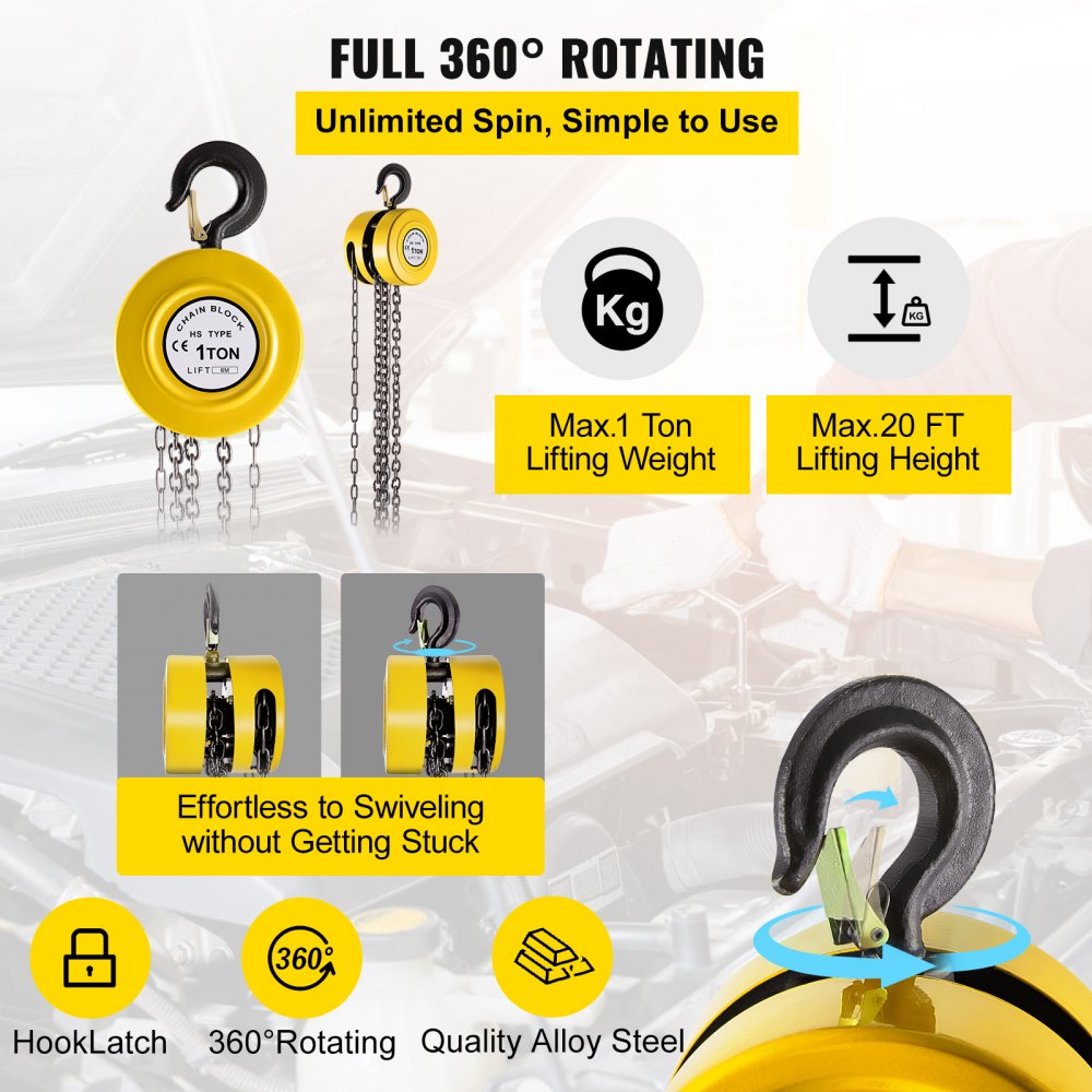 VEVOR Hand Chain Hoist, 2200 lbs /1 Ton Capacity Chain Block, 20ft/6m Lift Manual Hand Chain Block, Manual Hoist w/ Industrial-Grade Steel Construction for Lifting Good in Transport & Workshop, Yellow