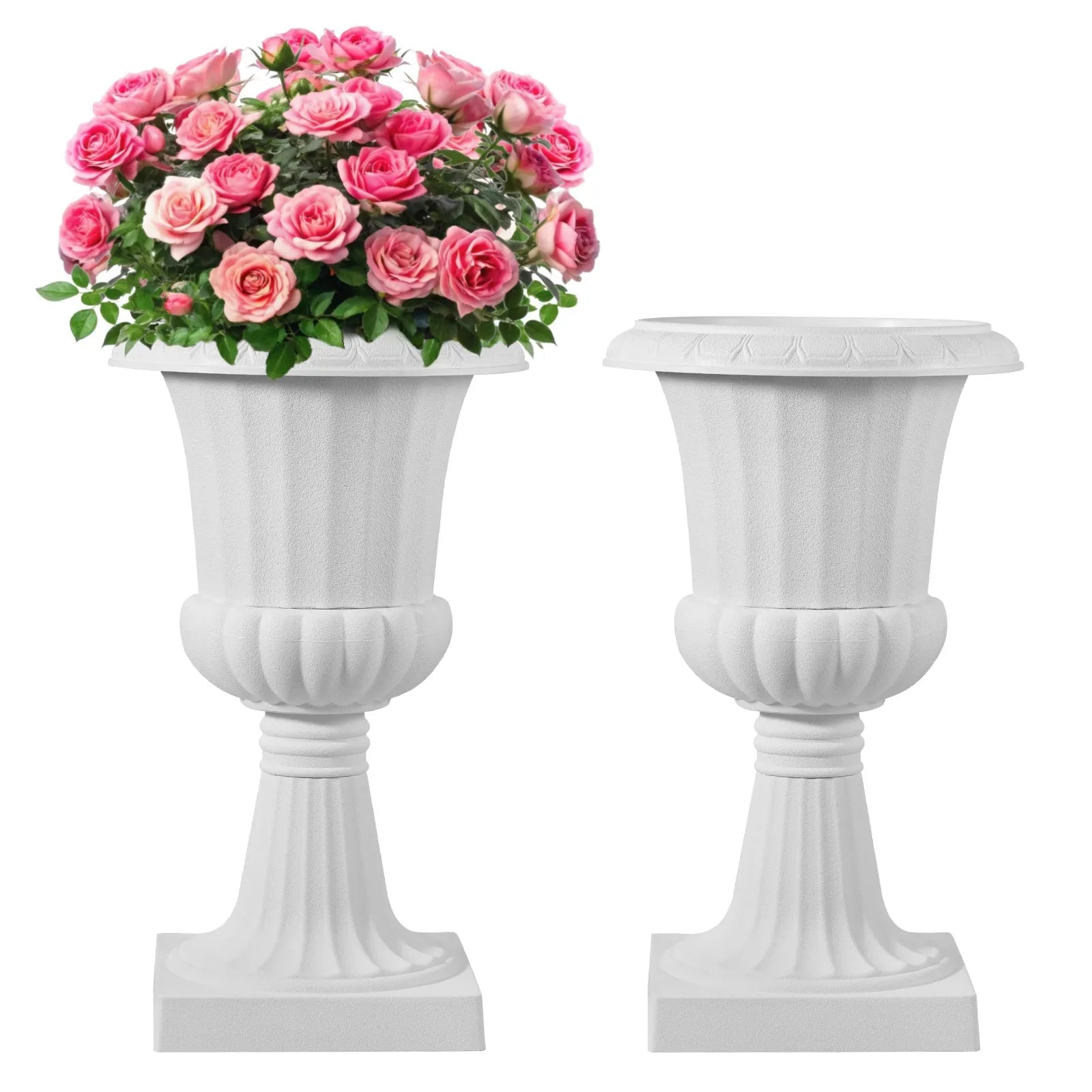 VEVOR Plastic Urn Planters, 15.8 x 26.4 Inch, 2 Pack White Classic Flower Pots Front Porch Planters, Indoor & Outdoor Vase for Wedding, Party, Event, Home, Stage, Garden, Balcony, Patio Decoration