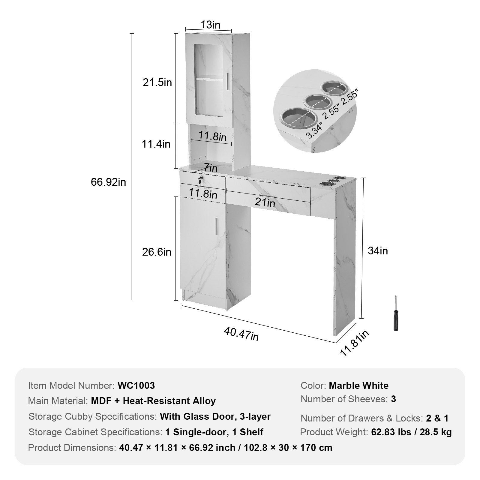 VEVOR Salon Station, Wall Mount Barber Salon Station for Hair Stylist, Beauty Spa Furniture Set, 1 Storage Cabinet, 3 Cubbies and 2 Drawers(One Lockable), White