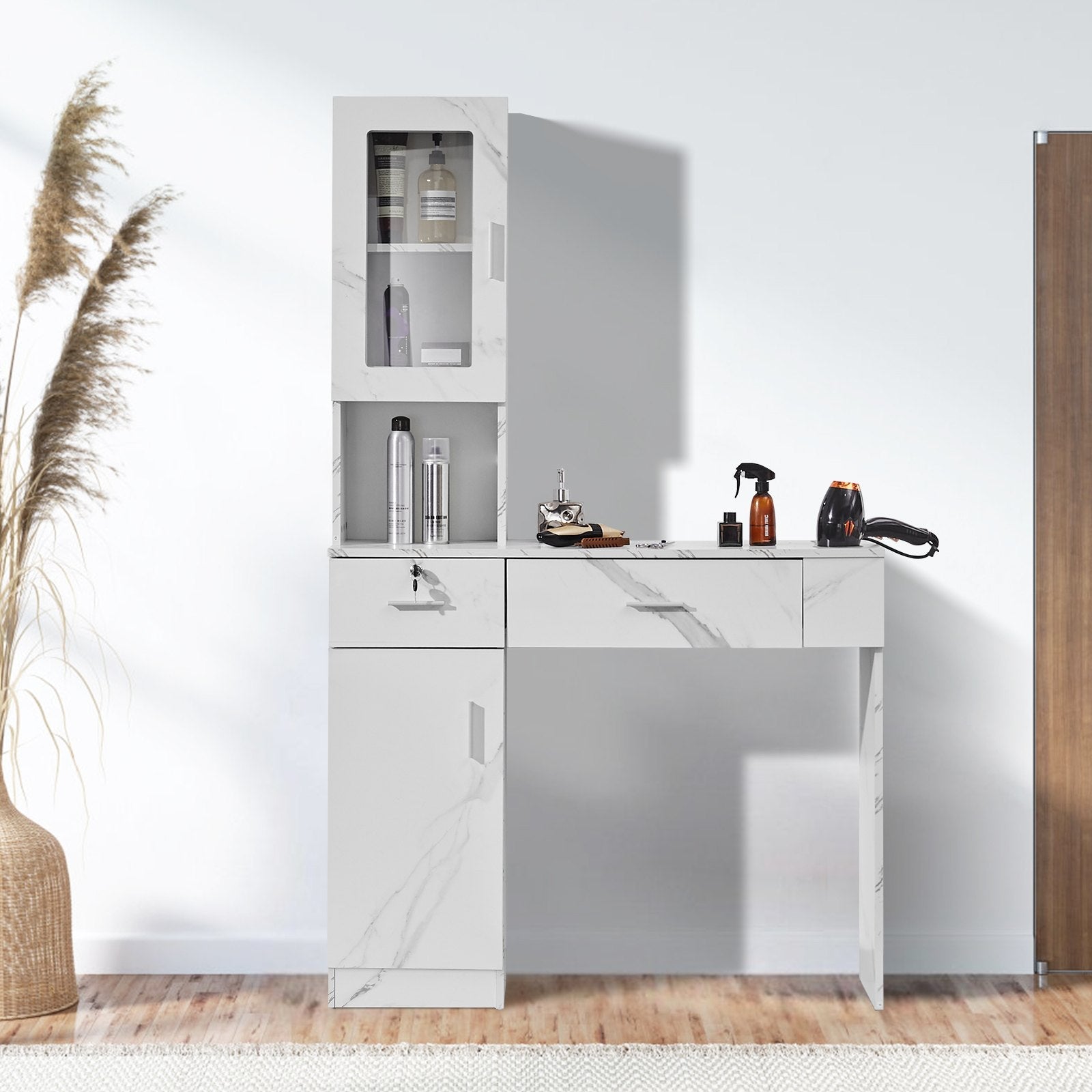 VEVOR Salon Station, Wall Mount Barber Salon Station for Hair Stylist, Beauty Spa Furniture Set, 1 Storage Cabinet, 3 Cubbies and 2 Drawers(One Lockable), White