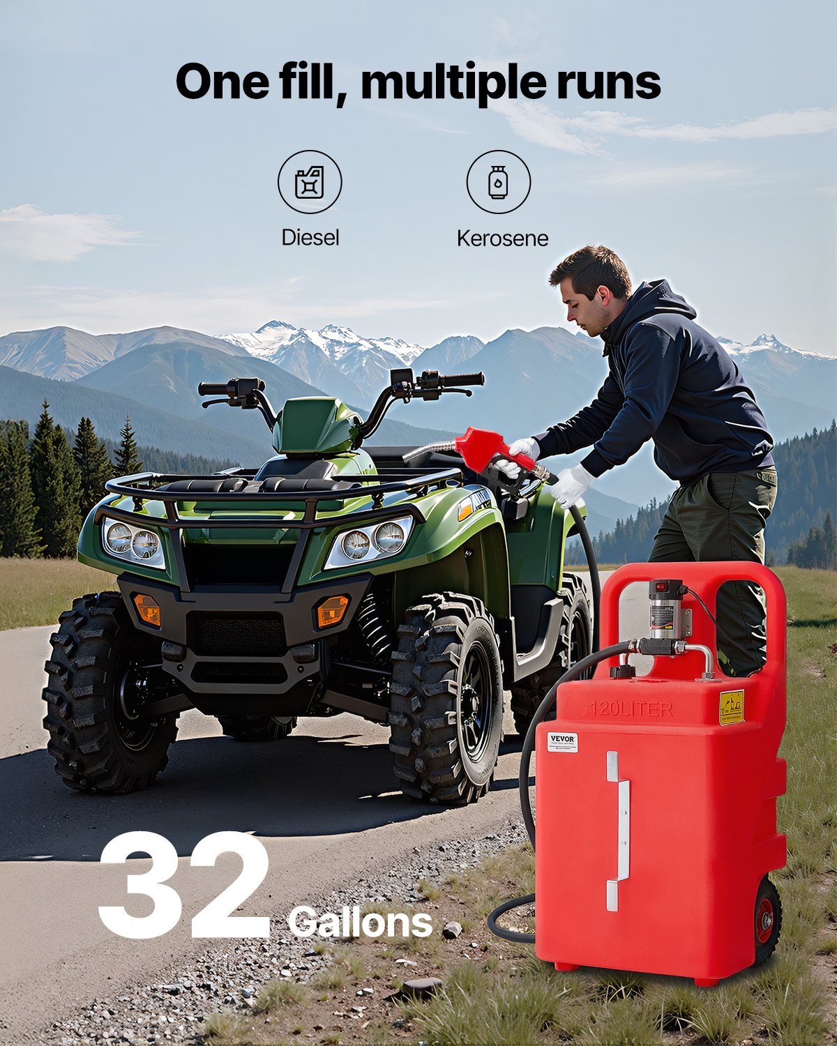 VEVOR Fuel Caddy 32 Gallon Portable Fuel Tank with 12V DC Electric Transfer Pump