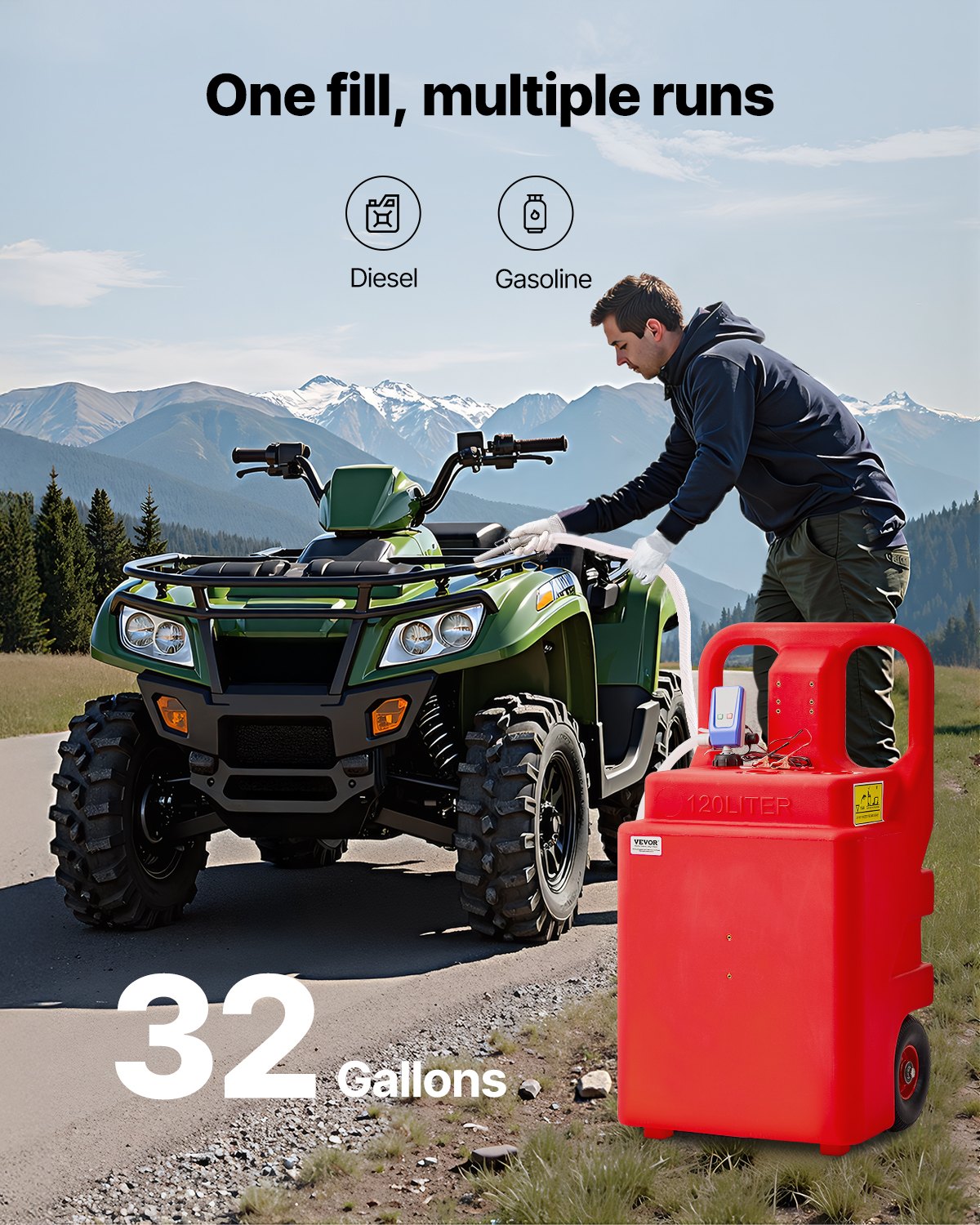 VEVOR Fuel Caddy 32 Gallon Fuel Tank with 12V DC 2.5 GPM Electric Transfer Pump