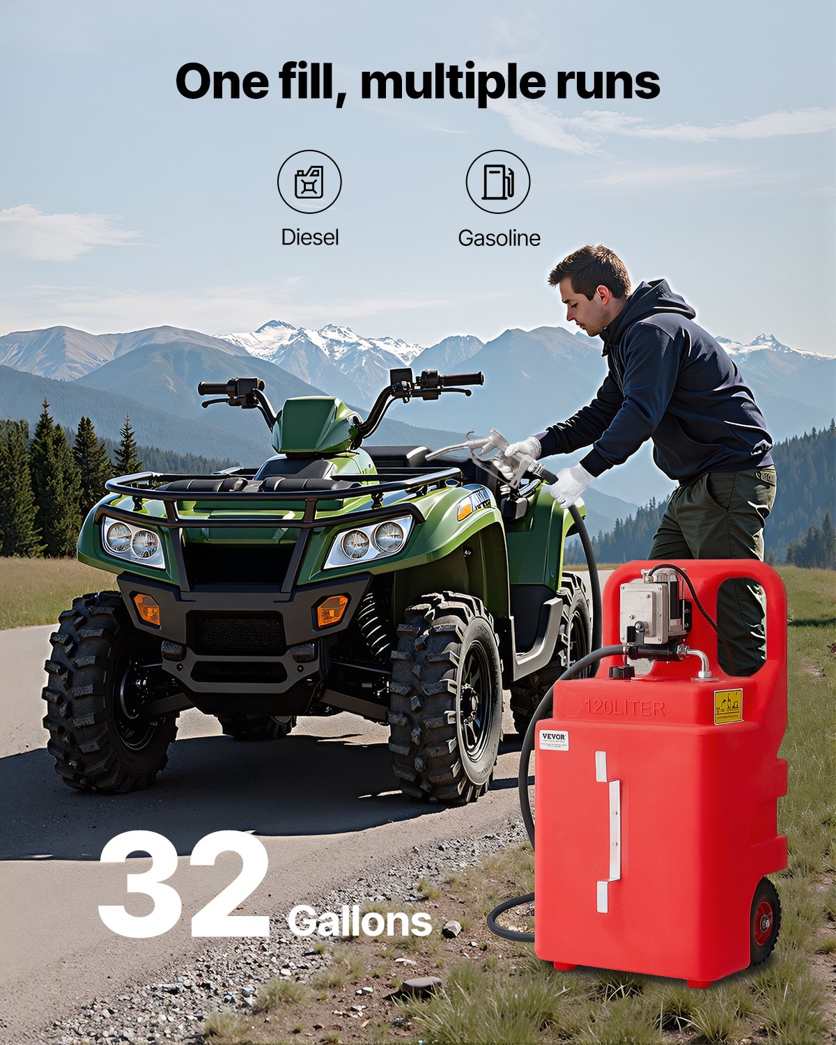 VEVOR Fuel Caddy 32 Gallon Fuel Tank with 12V DC 15 GPM Electric Transfer Pump
