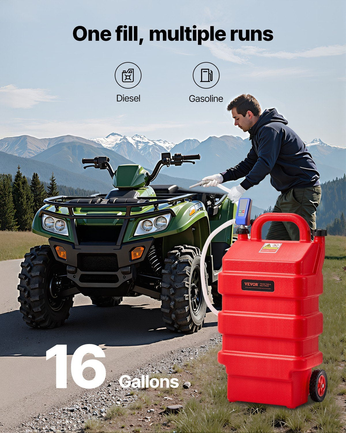 VEVOR Fuel Caddy 16 Gallon Portable Fuel Tank with 12V DC Electric Transfer Pump