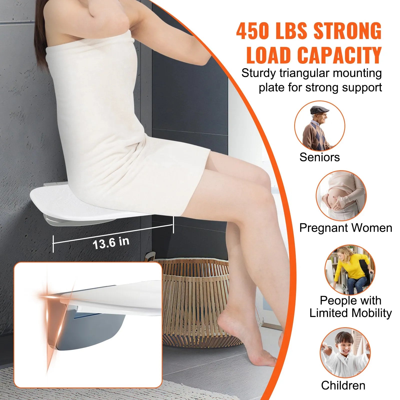 VEVOR Urea-formaldehyde Folding Shower Seat, 13.6'' x 12.8'' Unfolded, Wall Mounted Fold Up Shower Bench with 450 lbs Load Capacity, Space Saving Fold Down Shower Chair for Seniors Children Adults