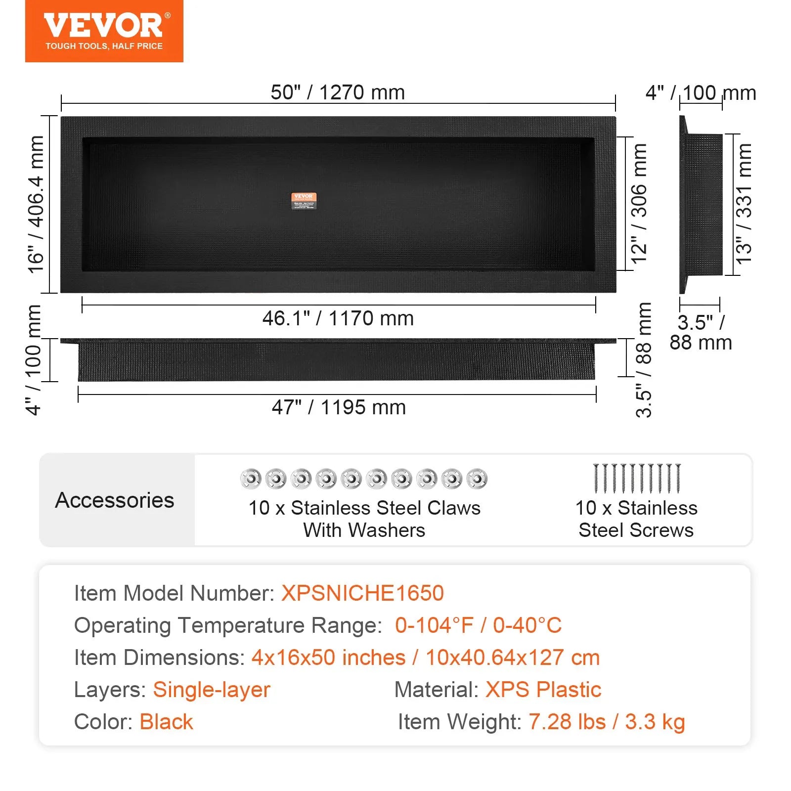VEVOR Shower Niche Ready for Tile 16" x 50", Single Shelf Organizer, Square Corners Wall-inserted Niche Recessed, Sealed Protection Modern Soap Storage Niche for Shower Bathroom, Black