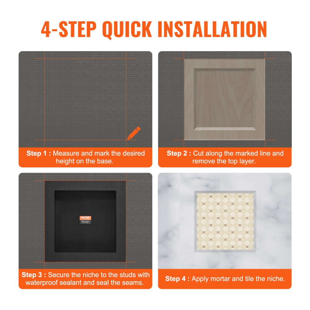 VEVOR Shower Niche Ready for Tile 16" x 16", Single Shelf Organizer, Square Corners Wall-inserted Niche Recessed, Sealed Protection Modern Soap Storage Niche for Shower Bathroom, Black