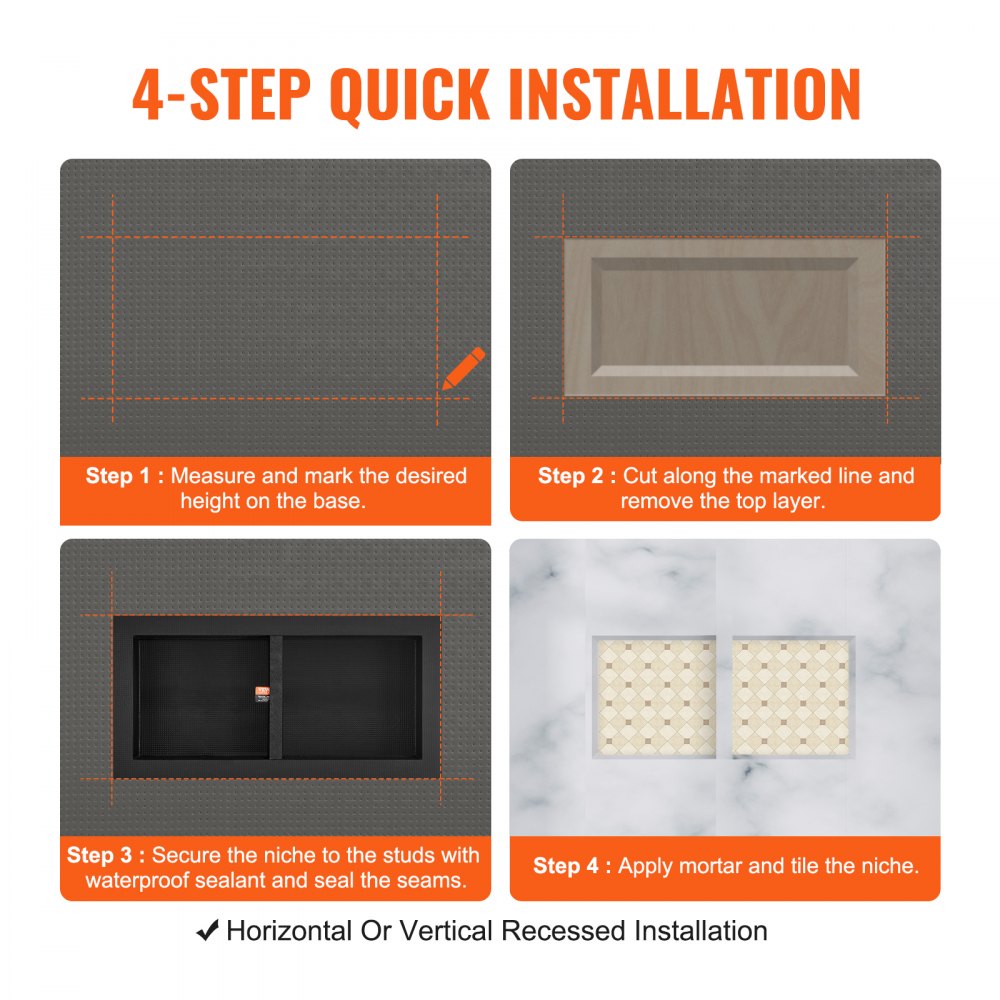 VEVOR Shower Niche Ready for Tile 16" x 24", Double Shelf Organizer, Square Corners Wall-inserted Niche Recessed, Sealed Protection Modern Soap Storage Niche for Shower Bathroom, Black