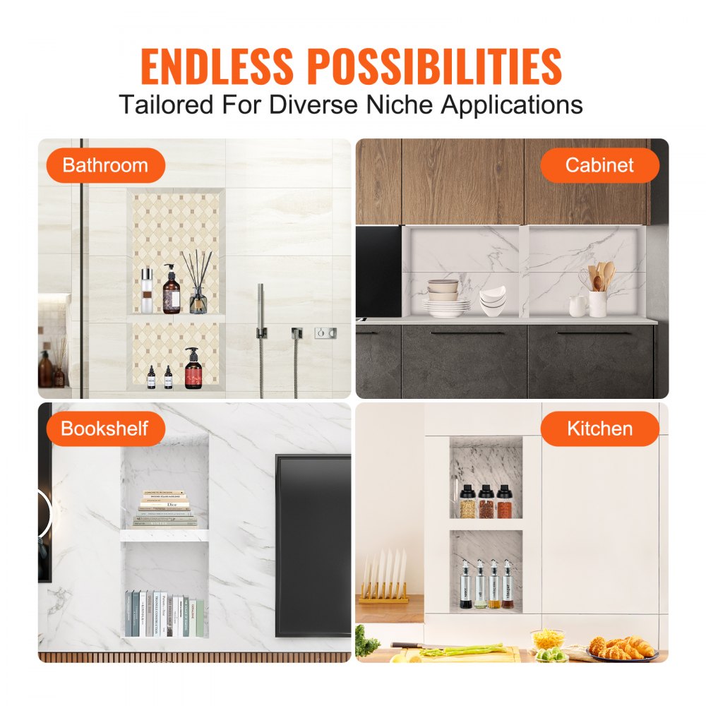 VEVOR Shower Niche Ready for Tile 16" x 24", Double Shelf Organizer, Square Corners Wall-inserted Niche Recessed, Sealed Protection Modern Soap Storage Niche for Shower Bathroom, Black