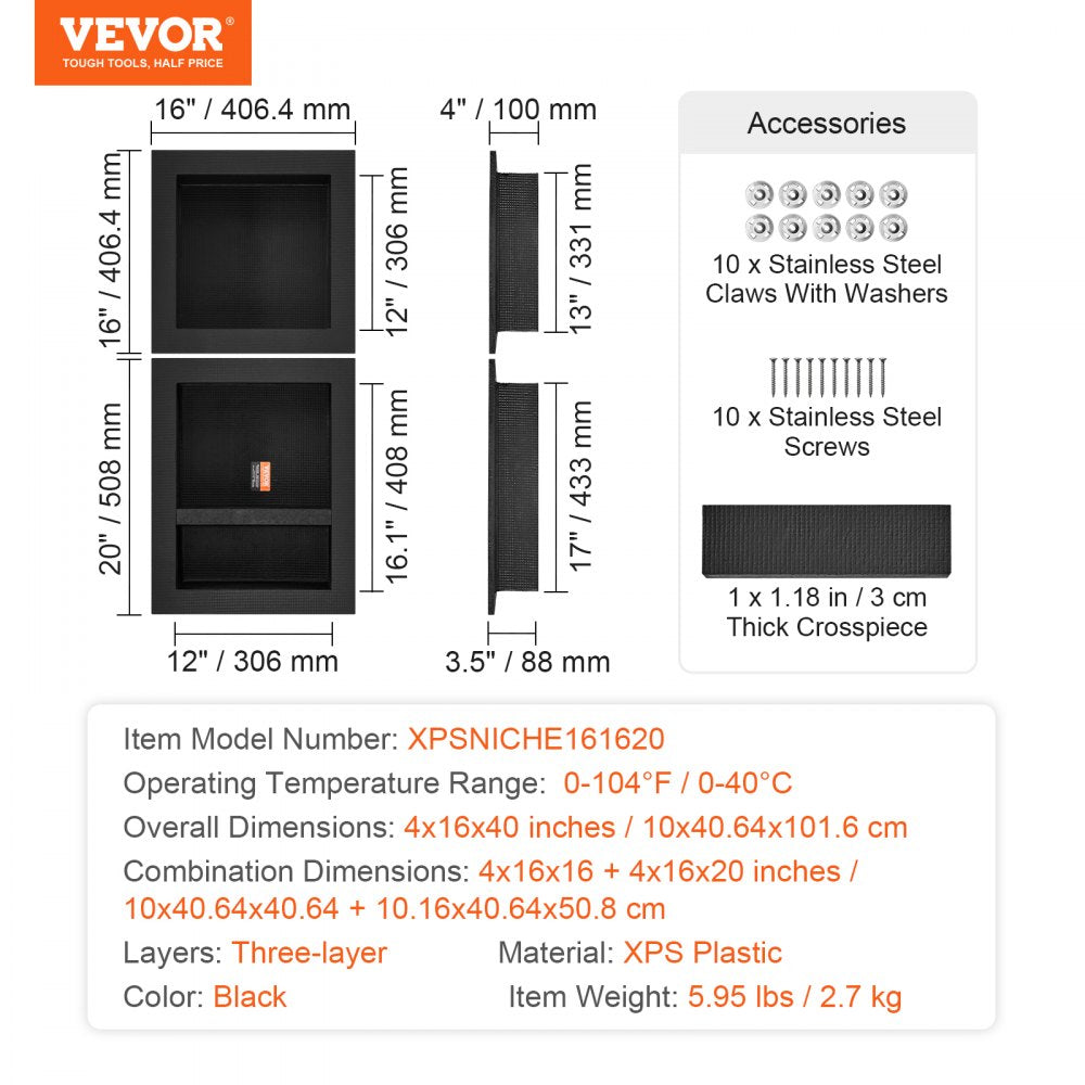 VEVOR Shower Niche Ready for Tile 16" x 16" & 16" x 20", Triple Shelf Organizer, Square Corners Wall-inserted Niche Recessed, Sealed Protection Modern Soap Storage Niche for Shower Bathroom, Black