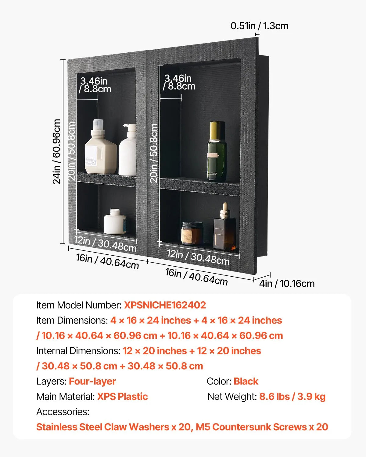 VEVOR Shower Niche 16"x 24"+ 16"x 24"Recessed Wall Organizer for Bathroom
