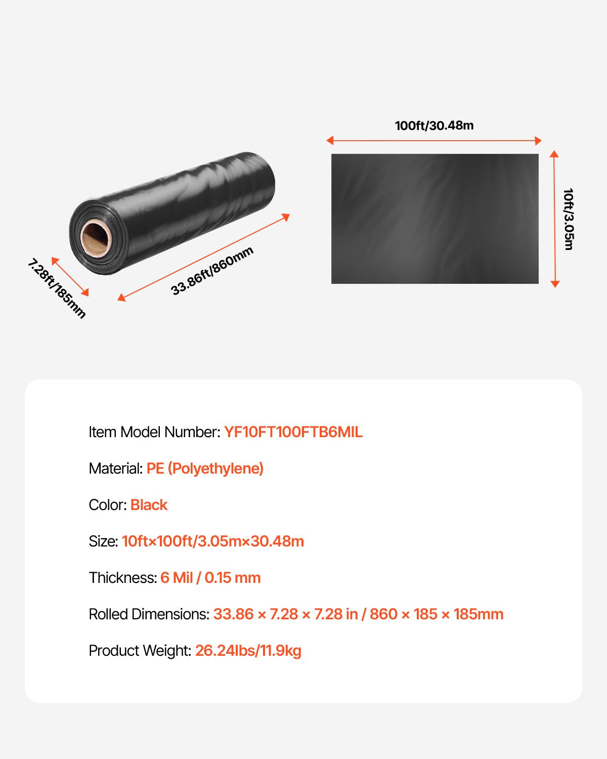 VEVOR 6Mil Plastic Sheeting Roll 10 x 100 FT Heavy Duty Polyethylene Black