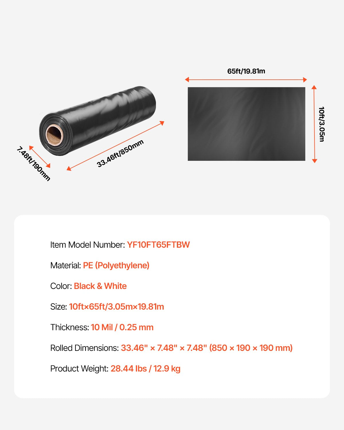 VEVOR 10Mil Plastic Sheeting Roll 10 x 100 FT Heavy Duty Black & White