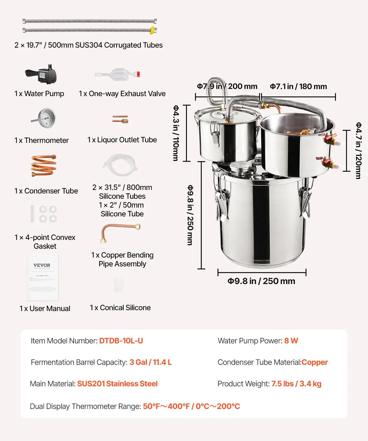 VEVOR Moonshine Still Water Alcohol Distiller 3Gal w/Thumper Keg & 8W Water Pump