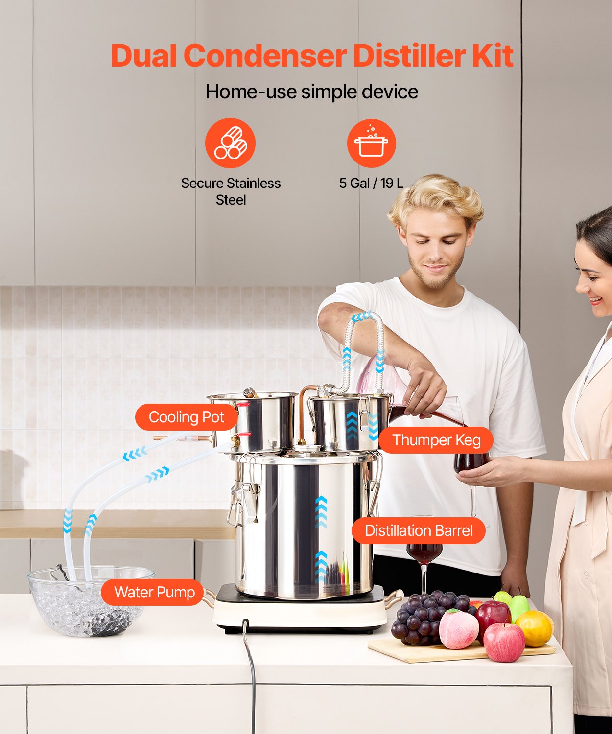 VEVOR Moonshine Still Water Alcohol Distiller 5Gal w/Thumper Keg & 8W Water Pump