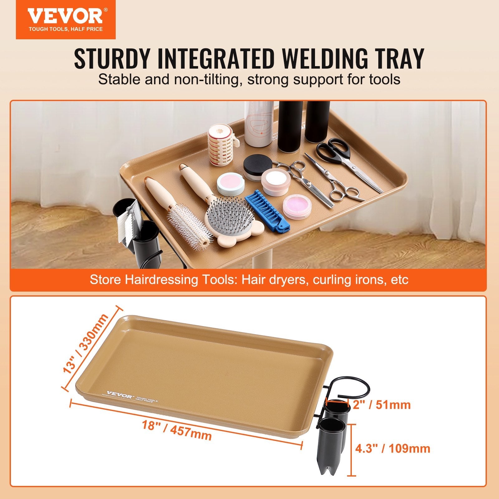 VEVOR Salon Tray Cart, 30"-43" Height Adjustable Rolling Salon Tray, Cold-rolled Plate Tattoo Tray with 5 Wheels (2 Lockable) for SPA Barber Clinic, Gold & Black