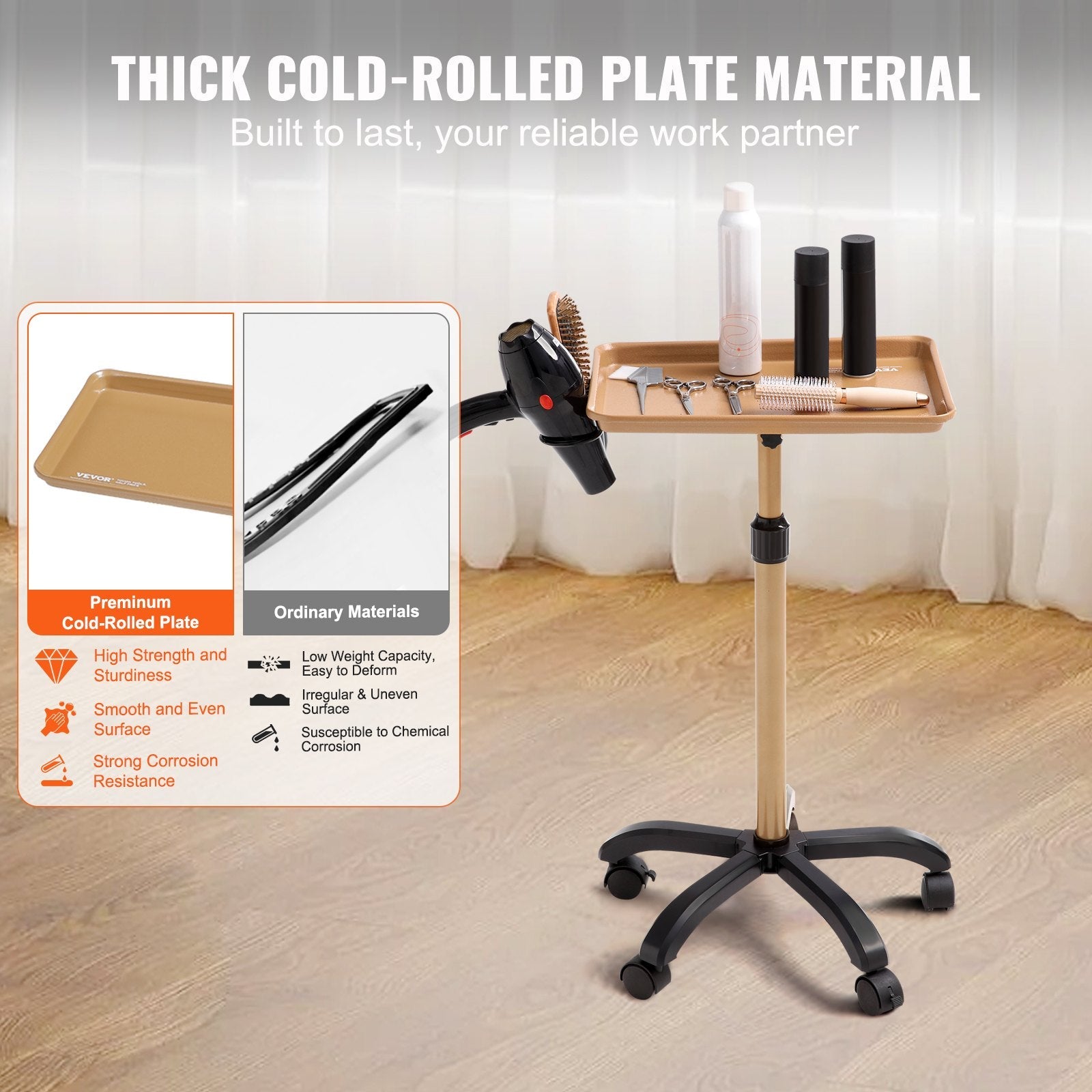 VEVOR Salon Tray Cart, 30"-43" Height Adjustable Rolling Salon Tray, Cold-rolled Plate Tattoo Tray with 5 Wheels (2 Lockable) for SPA Barber Clinic, Gold & Black