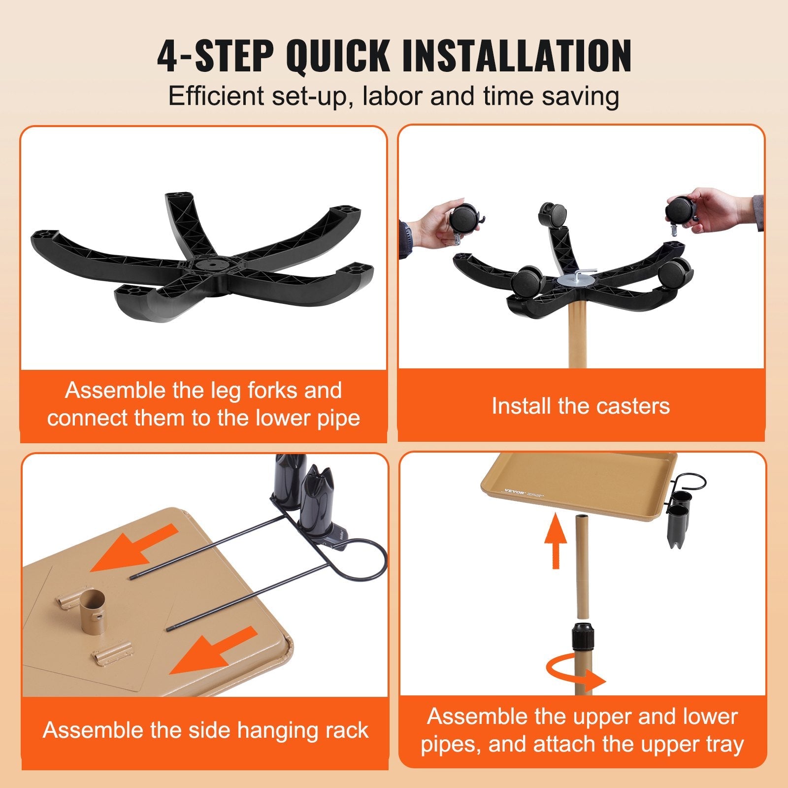 VEVOR Salon Tray Cart, 30"-43" Height Adjustable Rolling Salon Tray, Cold-rolled Plate Tattoo Tray with 5 Wheels (2 Lockable) for SPA Barber Clinic, Gold & Black