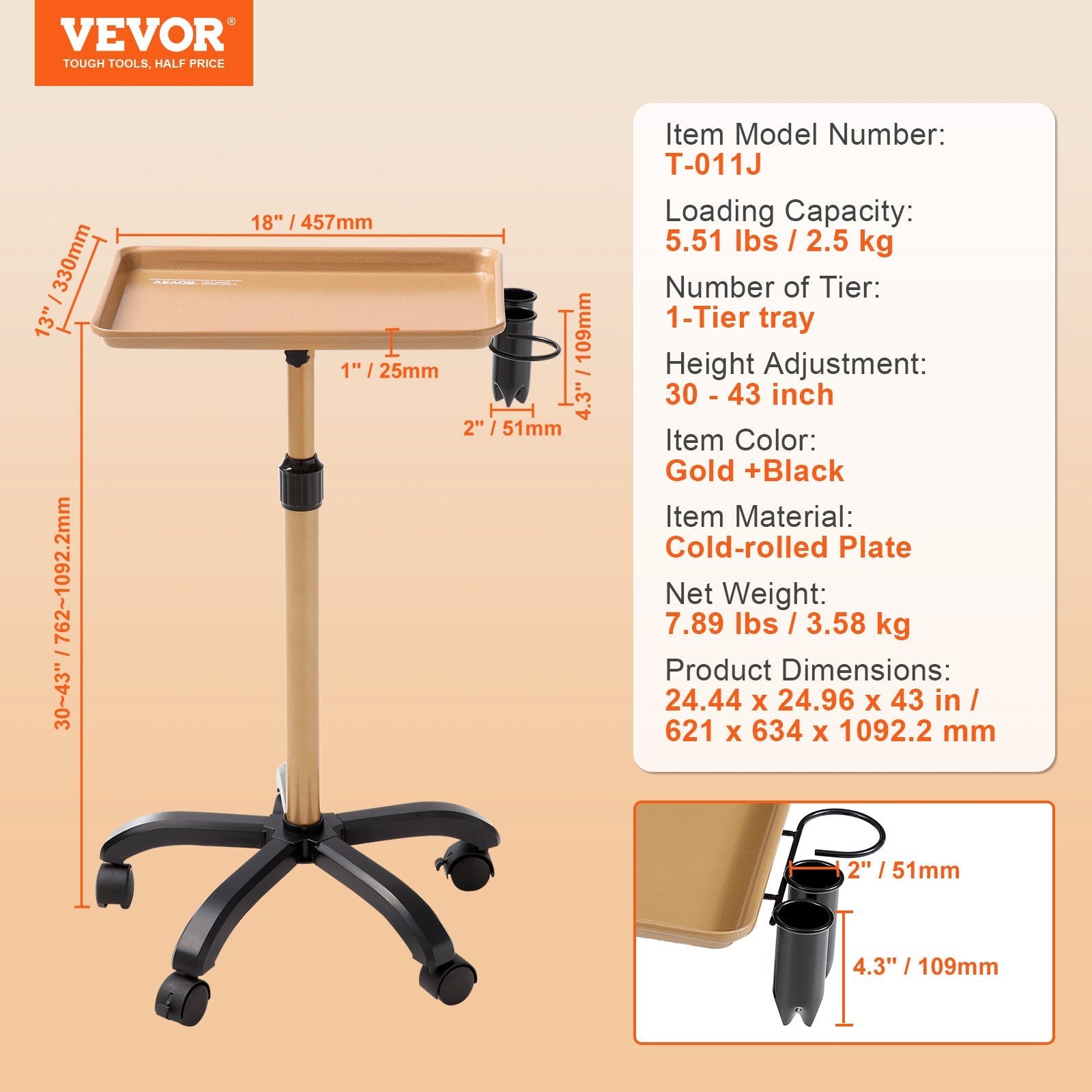 VEVOR Salon Tray Cart, 30"-43" Height Adjustable Rolling Salon Tray, Cold-rolled Plate Tattoo Tray with 5 Wheels (2 Lockable) for SPA Barber Clinic, Gold & Black