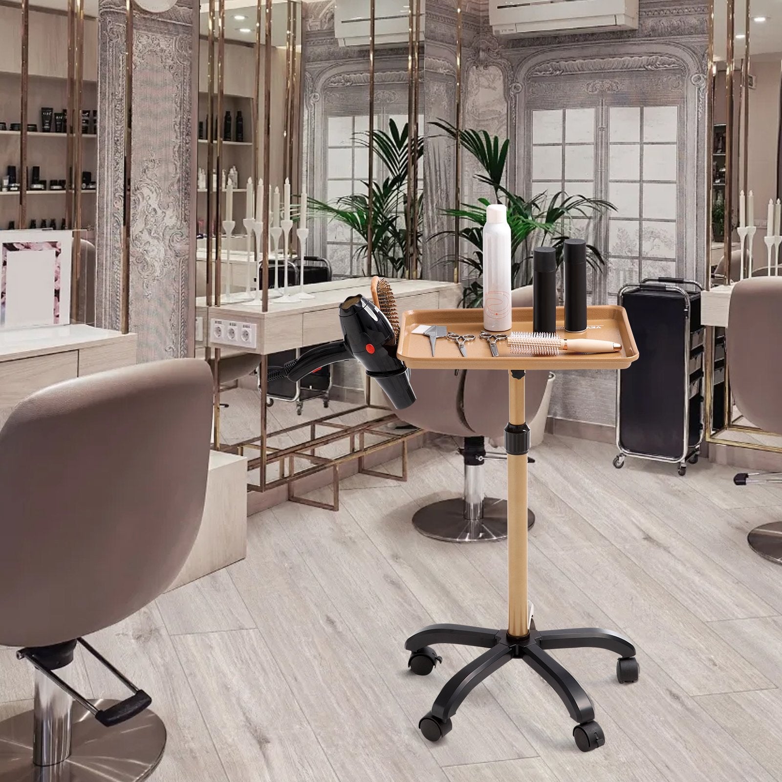 VEVOR Salon Tray Cart, 30"-43" Height Adjustable Rolling Salon Tray, Cold-rolled Plate Tattoo Tray with 5 Wheels (2 Lockable) for SPA Barber Clinic, Gold & Black