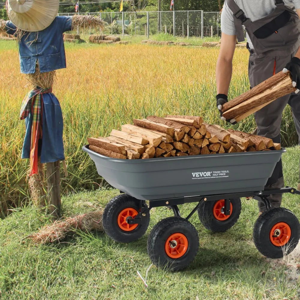 VEVOR Dump Cart, Poly Garden Dump Cart with Easy to Assemble Steel Frame, Dump Wagon with 2-in-1 Convertible Handle, Utility Wheelbarrow 600 lbs Capacity, 10 inch Tires