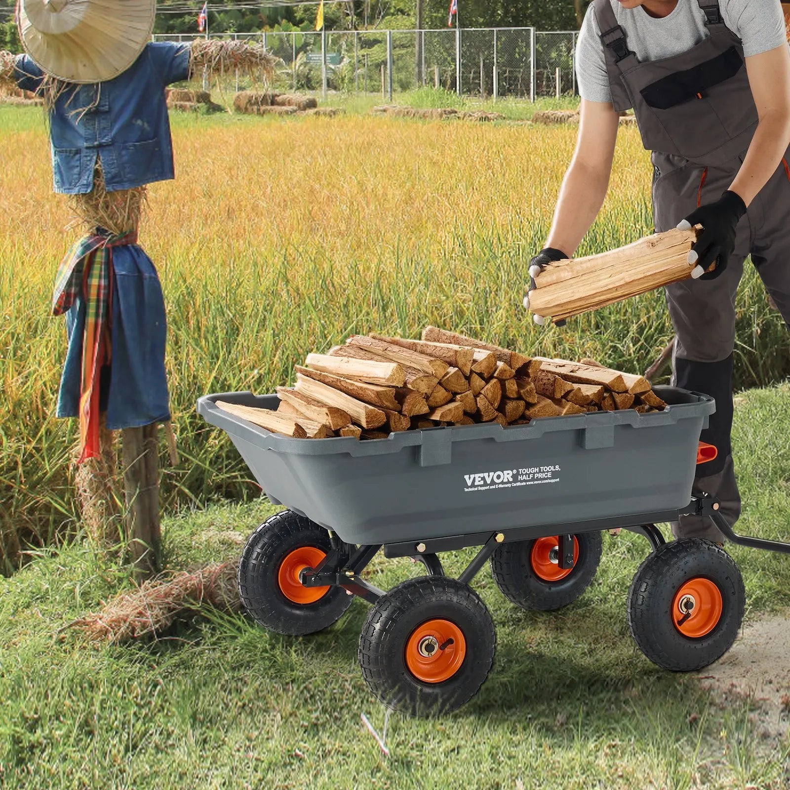 VEVOR Dump Cart, Poly Garden Dump Cart with Easy to Assemble Steel Frame, Dump Wagon with 2-in-1 Convertible Handle, Utility Wheelbarrow 800 lbs Capacity, 10 inch Tires