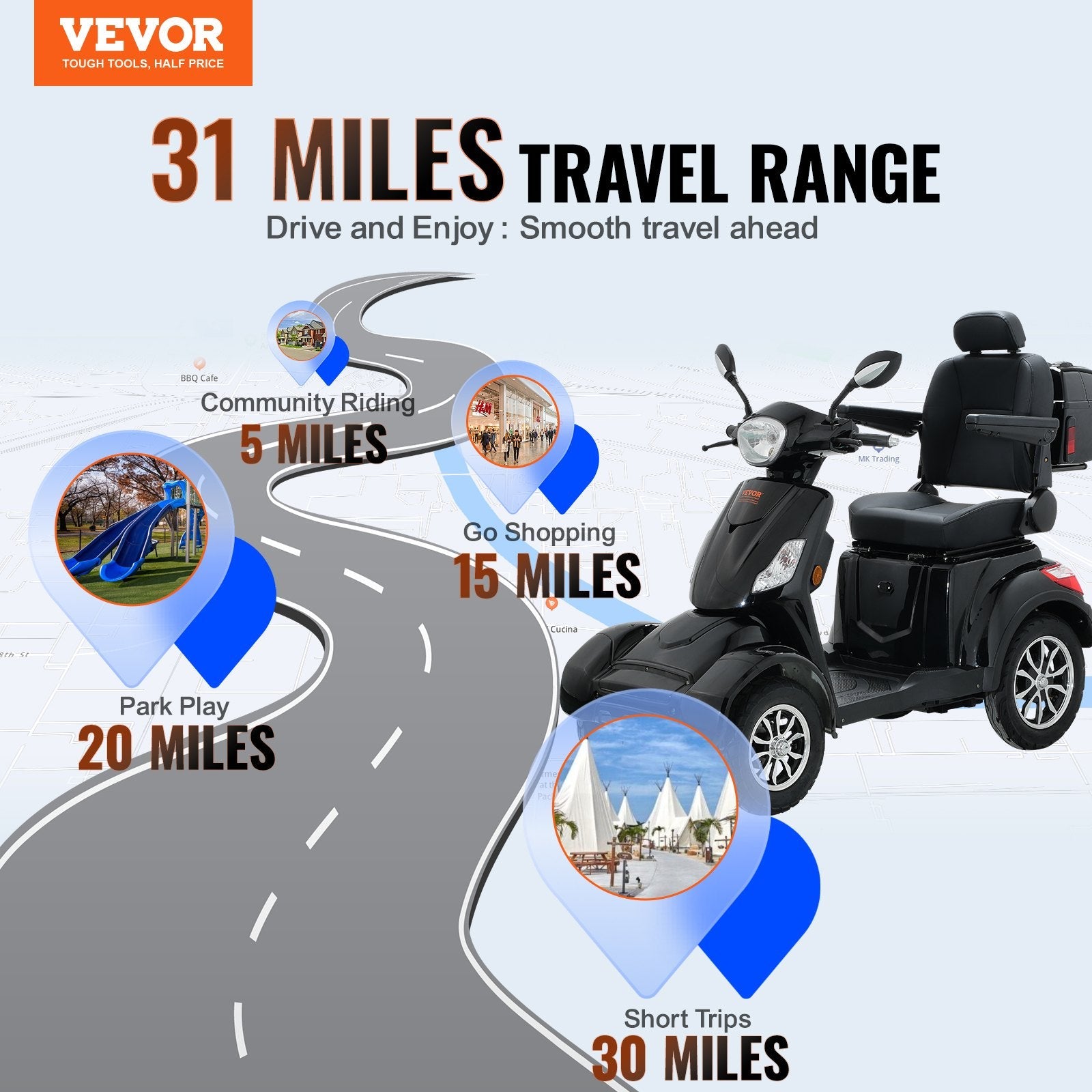 VEVOR Heavy Duty 4-Wheel Mobility Scooters 31 Miles 3-Speed 800W 500lbs Capacity